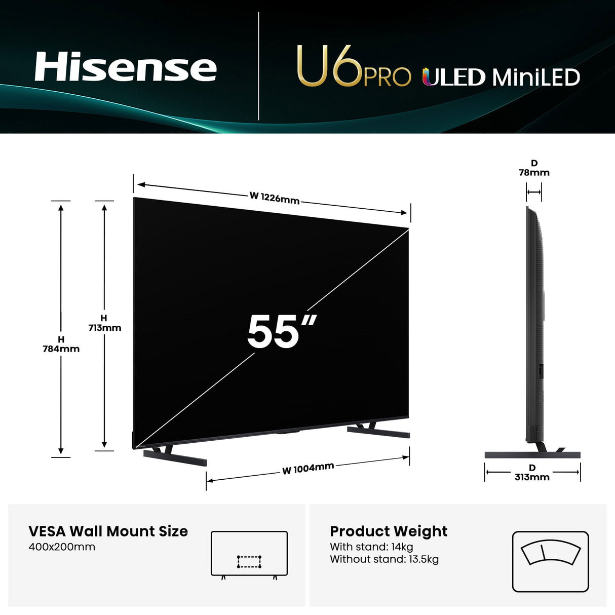 Hisense 55" Series U6QAU Mini-LED 4K QLED Smart TV 55U6QAUPRO
