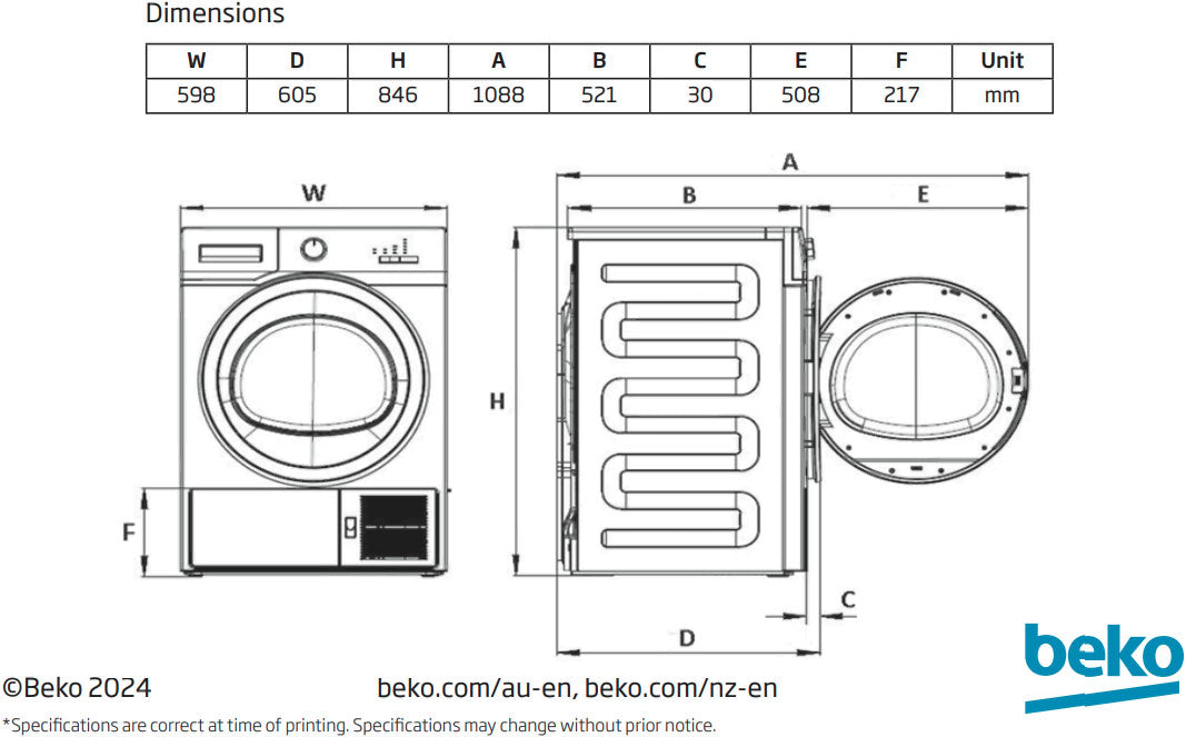 Beko 8kg Heat Pump Dryer BDPB8010W | Greater Sydney Only