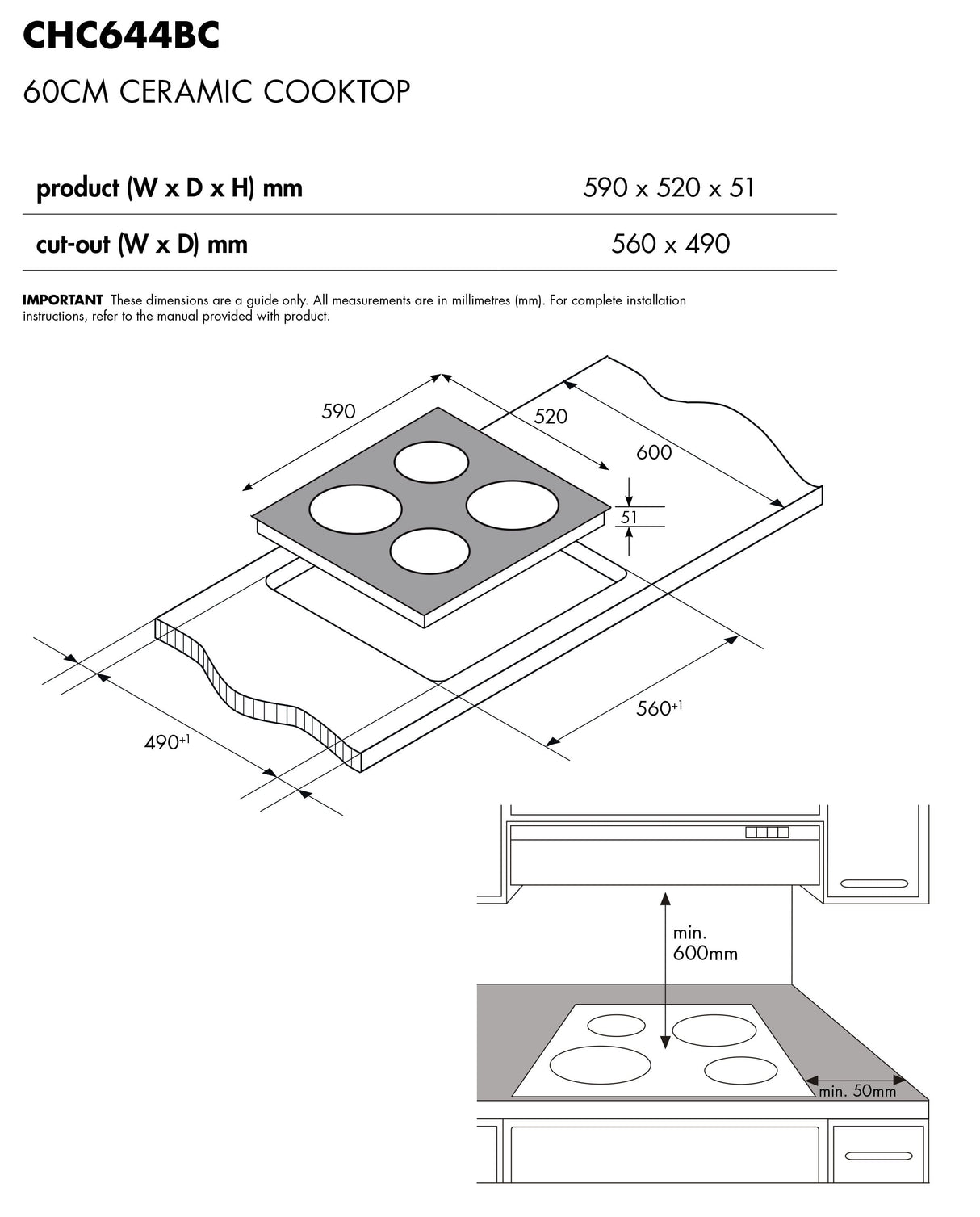 Chef 60cm 4 Zone Black Ceramic Glass Electric Cooktop CHC644BC