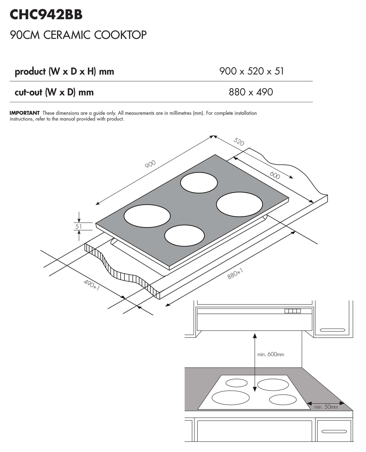 Chef 90cm 4 Zone Black Ceramic Glass Electric Cooktop CHC942BB