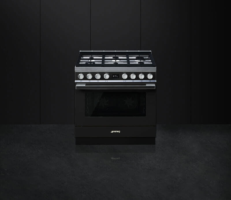 Smeg 90cm Portofino Freestanding Dual Fuel Oven/Stove Black CPF9GPBLA