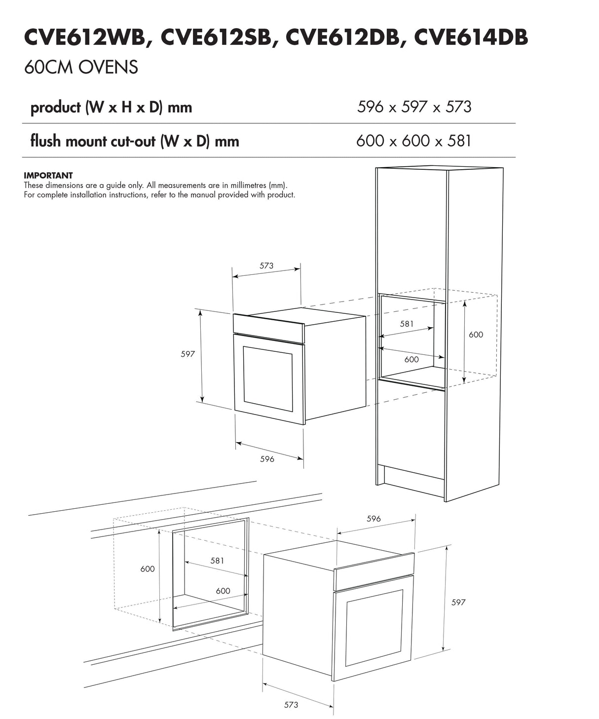 Chef 60cm Multifunction Electric Built-In Wall Oven Black CVE614DB