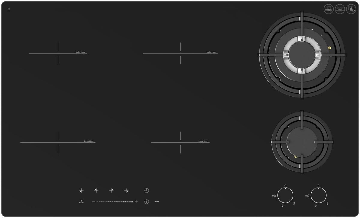 Casa 90cm Hybrid Gas & Induction Cooktop Black Ceramic Glass GHEBH192CA