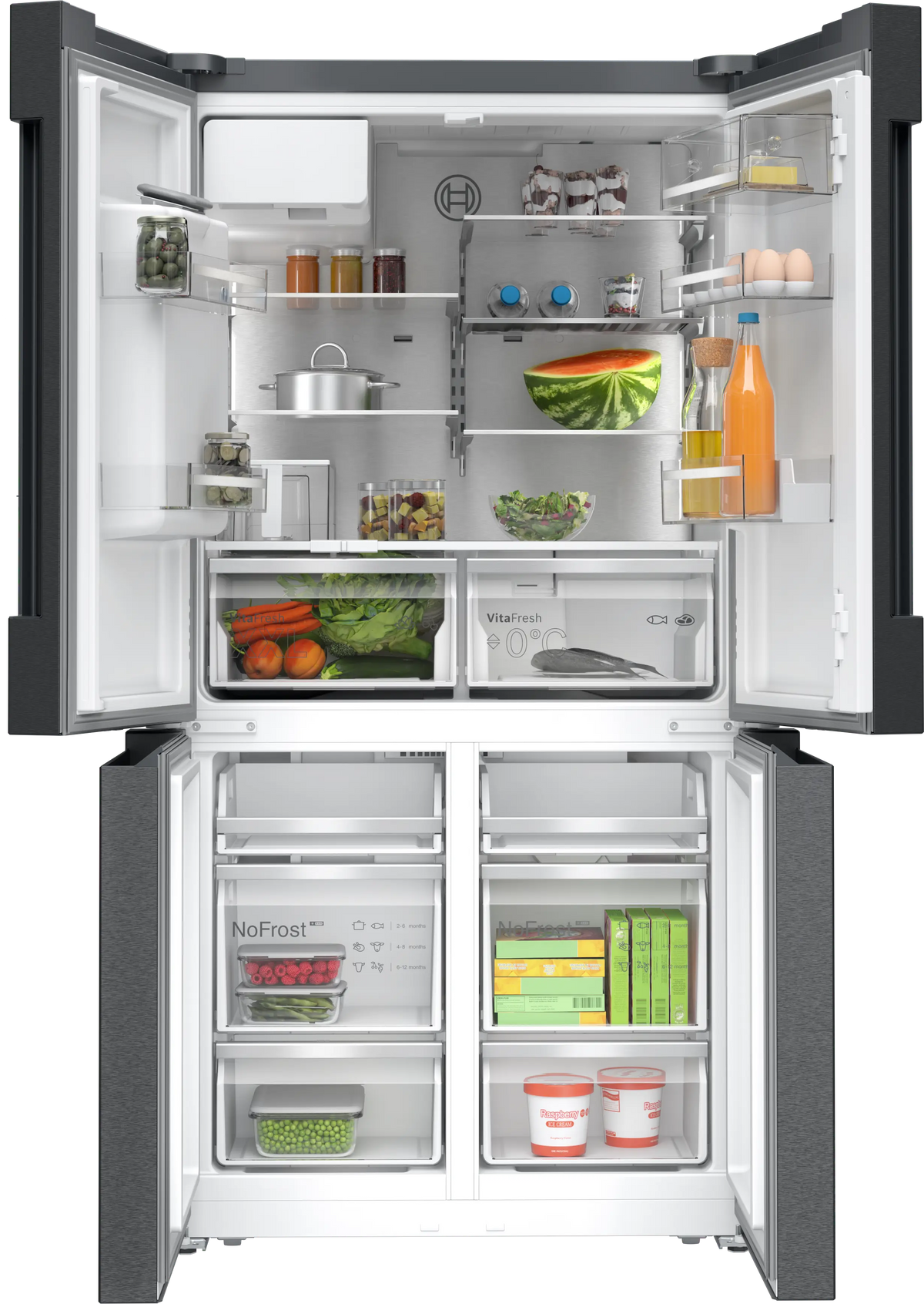 Bosch Series 6 574L French Door Fridge with Non-Plumbed Ice and Water Brushed Black Steel KFI96AXEAA