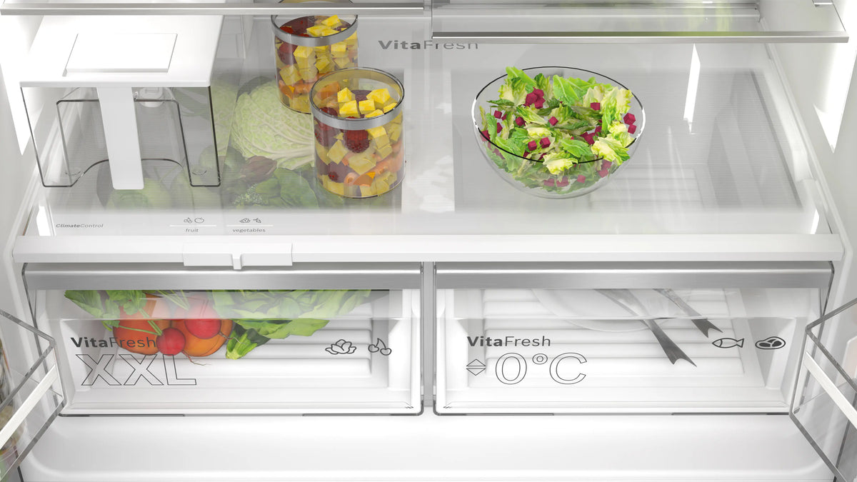 Bosch Series 6 574L French Door Fridge with Non-Plumbed Ice and Water Brushed Black Steel KFI96AXEAA