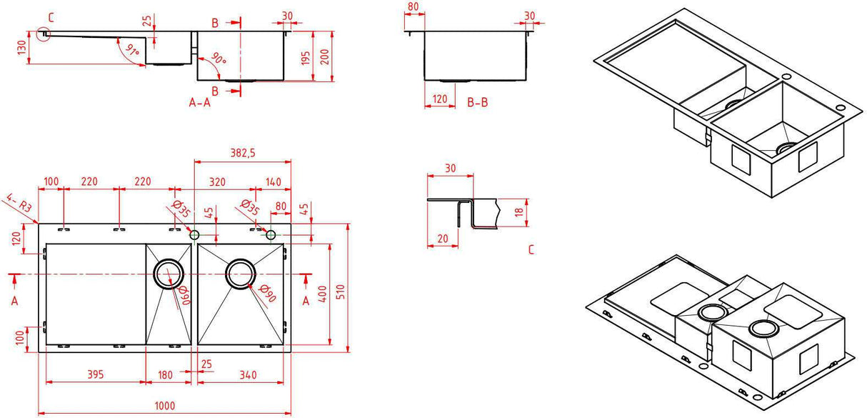 Modern National 1 & 1/4 Double Bowl Inset/Undermount Sink M-S208A