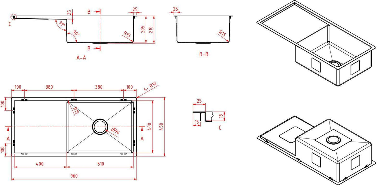 Modern National Single Bowl Inset/Undermount Sink M-S209B