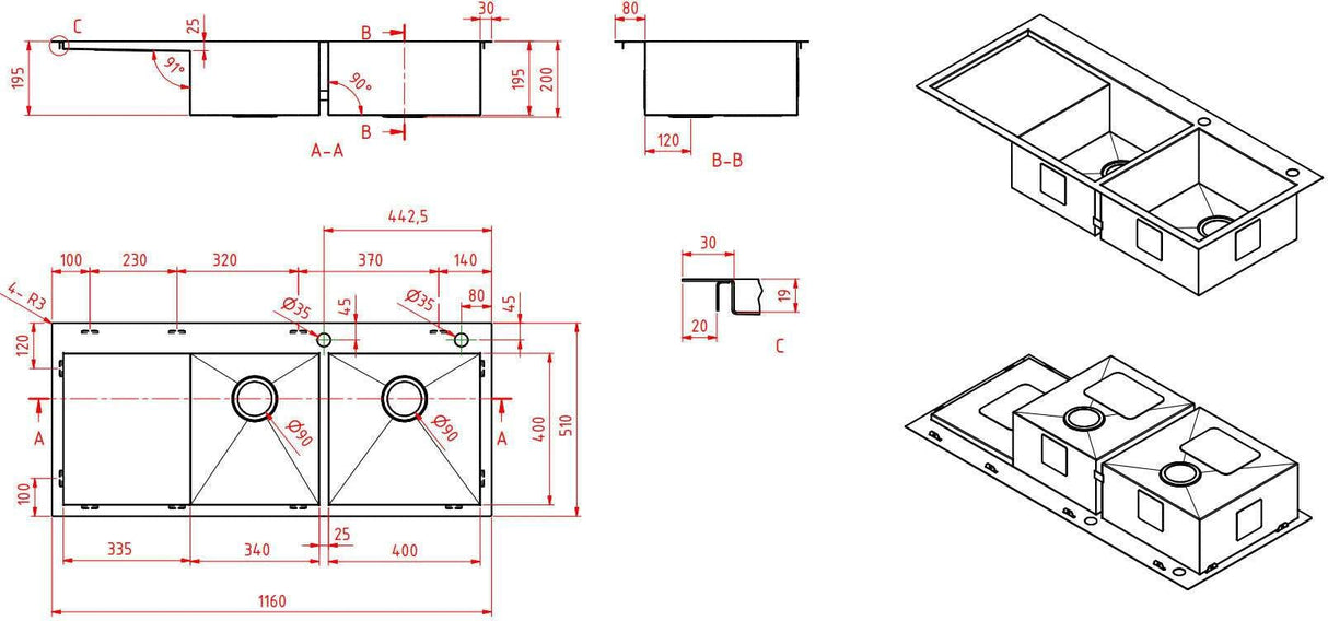 Modern National 1 & 3/4 Double Bowl Inset/Undermount Sink M-S210A