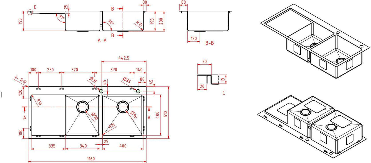 Modern National 1 & 3/4 Double Bowl Inset/Undermount Sink M-S210B