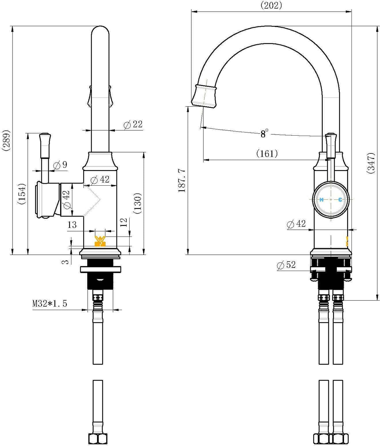 Modern National Montpellier Gooseneck High Rise Basin Mixer Tap MON002BN