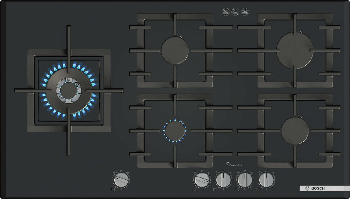 Bosch 90cm Series 6 Gas Cooktop Tempered Glass Black PPM9A6I40A