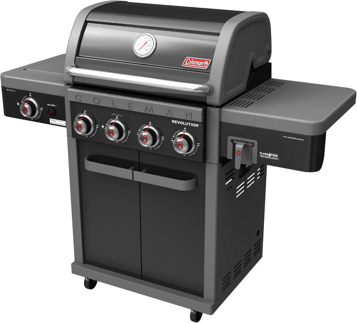 Coleman Revolution 4 Burner Freestanding LPG BBQ+Side Burner Black Gloss REV4BGL