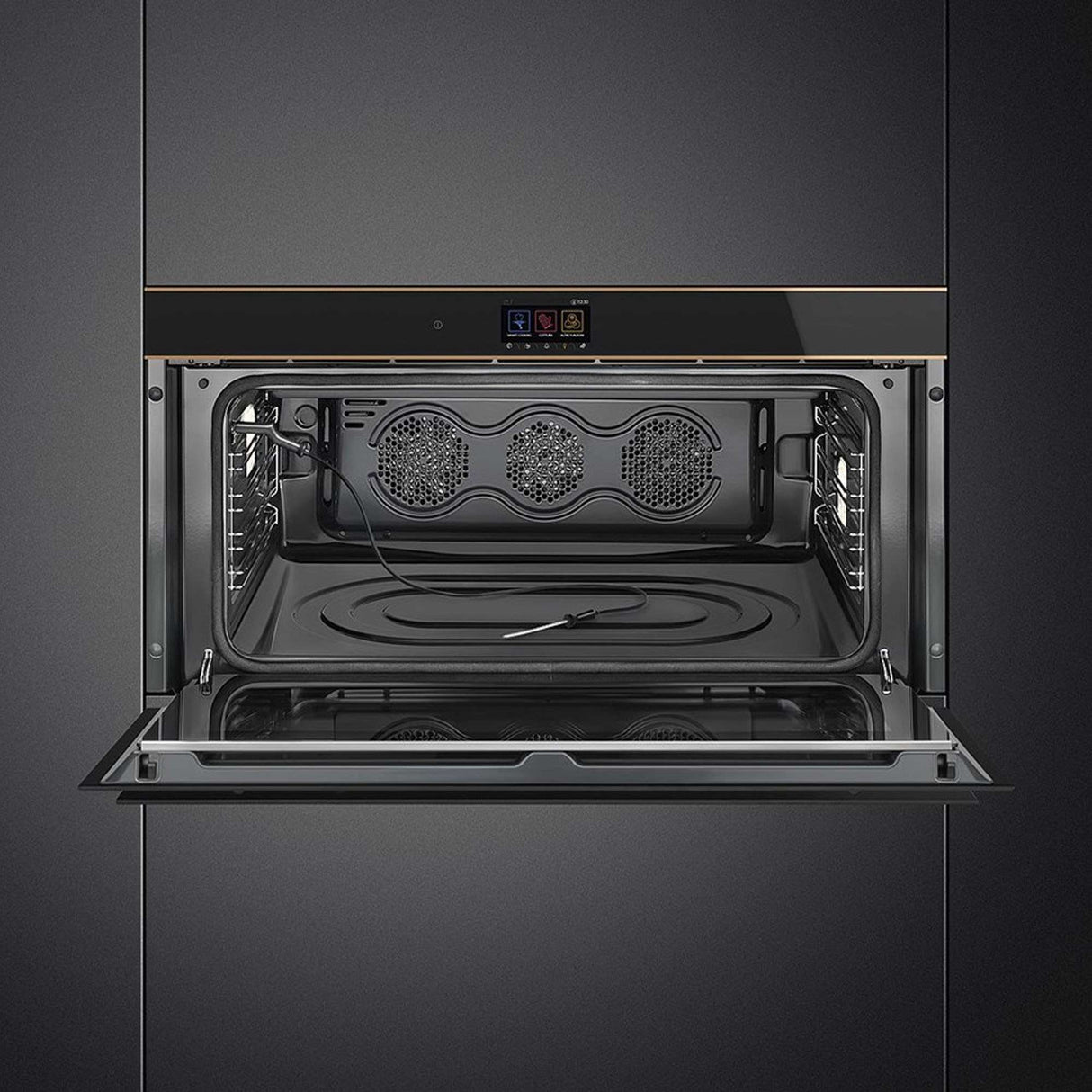 Smeg 90cm Dolce Stil Novo Copper Trim Pyrolytic Wall Oven Black SFPR9606WTPNR
