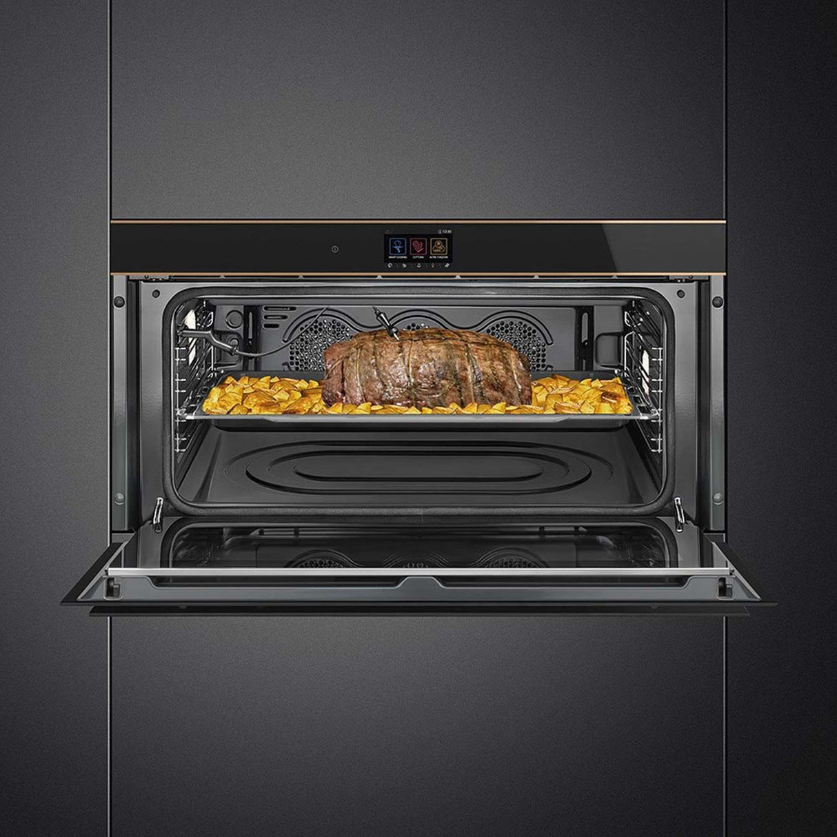 Smeg 90cm Dolce Stil Novo Copper Trim Pyrolytic Wall Oven Black SFPR9606WTPNR