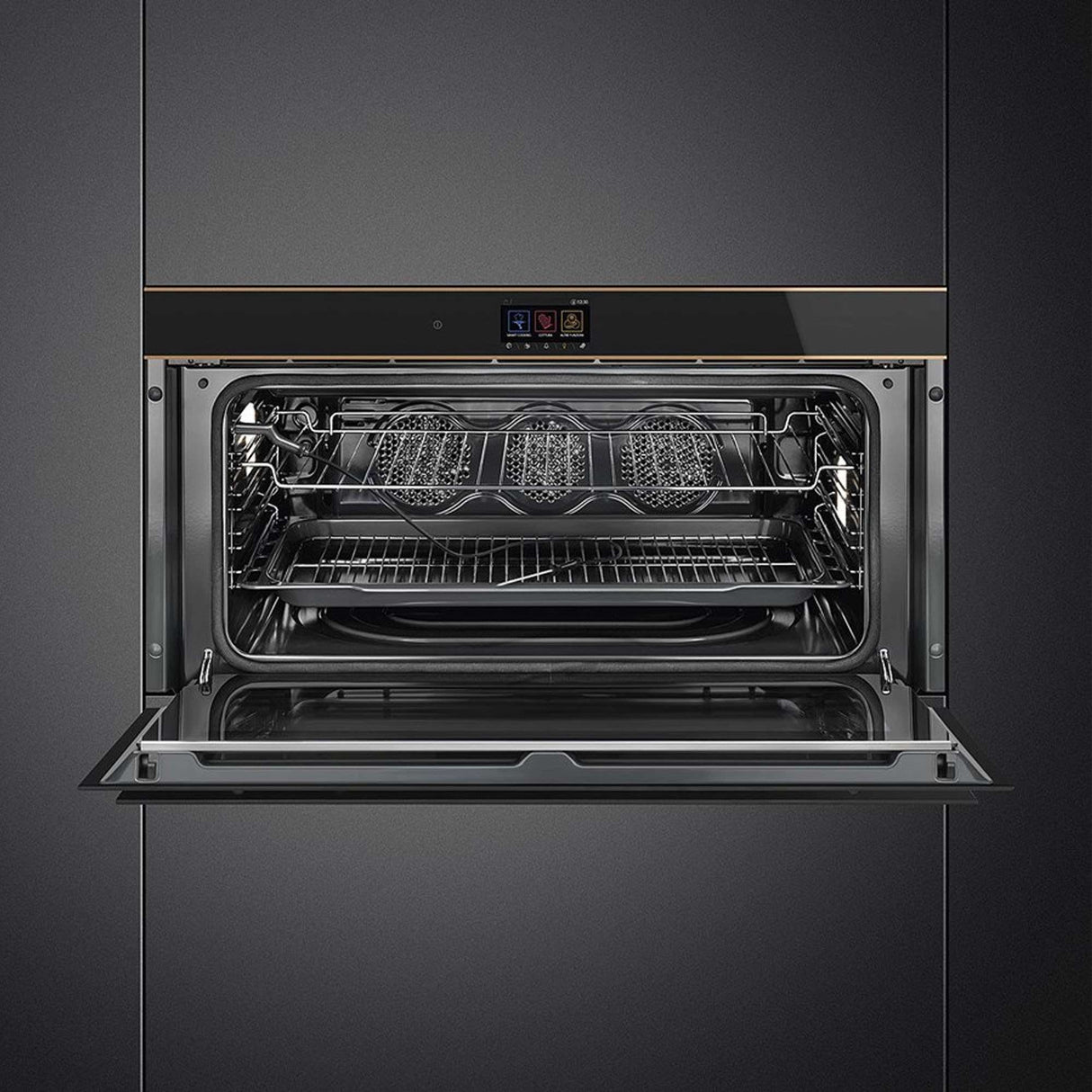 Smeg 90cm Dolce Stil Novo Copper Trim Pyrolytic Wall Oven Black SFPR9606WTPNR