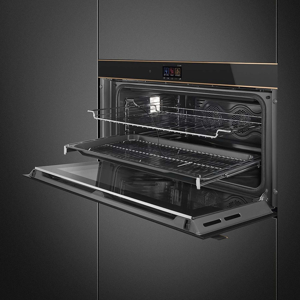Smeg 90cm Dolce Stil Novo Copper Trim Pyrolytic Wall Oven Black SFPR9606WTPNR