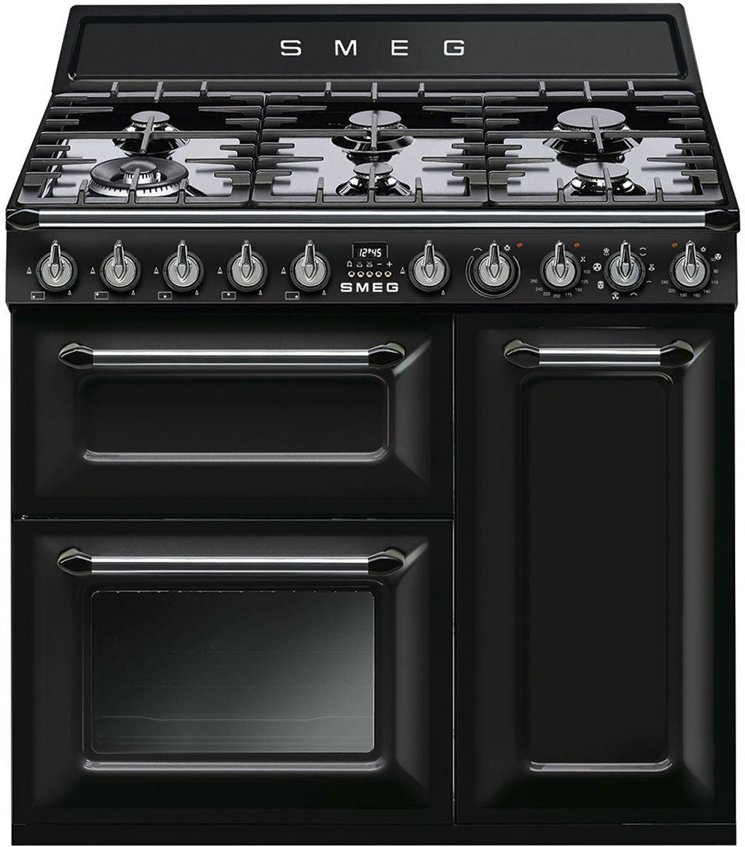 Smeg 90cm 68L Victoria Black Dual Fuel Freestanding Oven/Stove Black TRA93BL