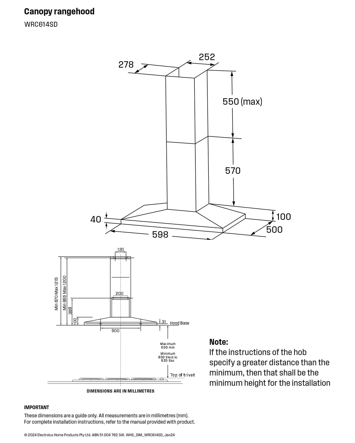 Westinghouse 60cm Canopy Rangehood Stainless Steel WRC614SD