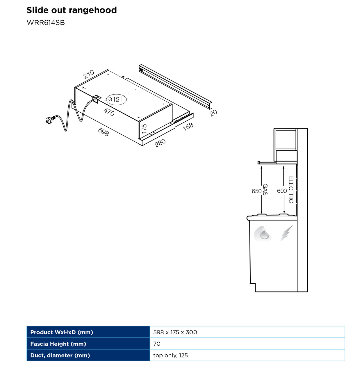 Westinghouse 60cm Slideout Recirculating Rangehood WRR614SB