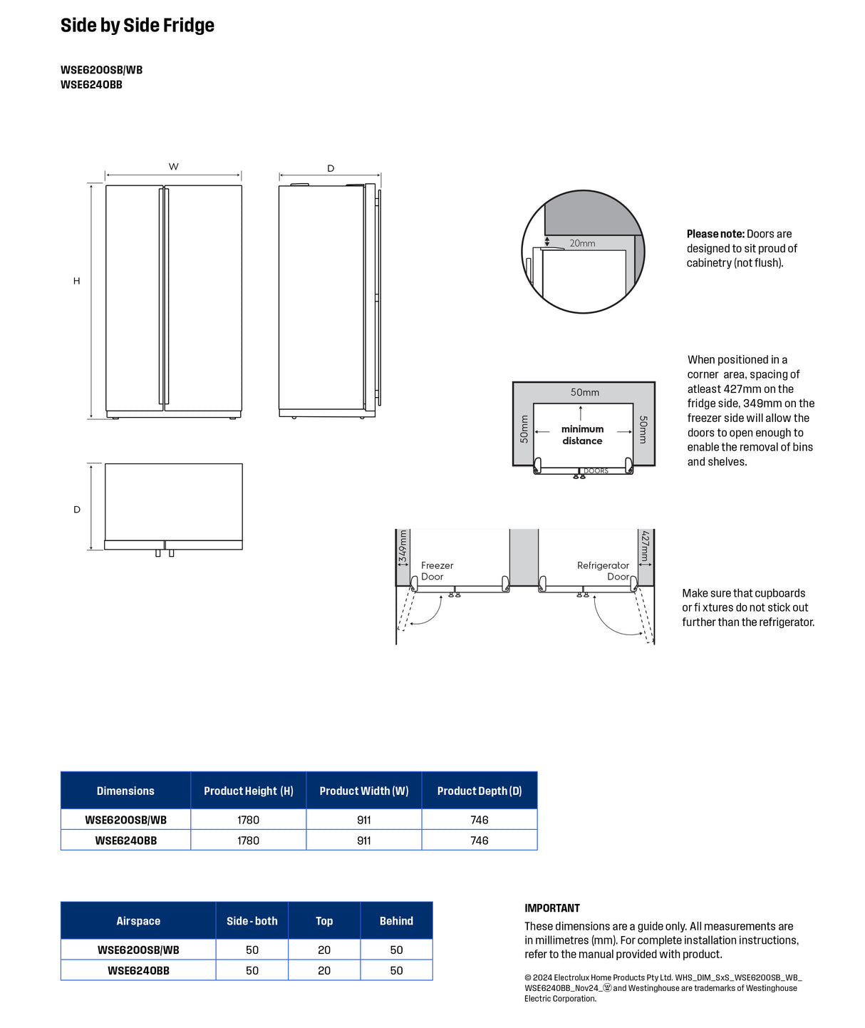 Westinghouse 624L Side By Side Refrigerator WSE6200SB | Greater Sydney Only