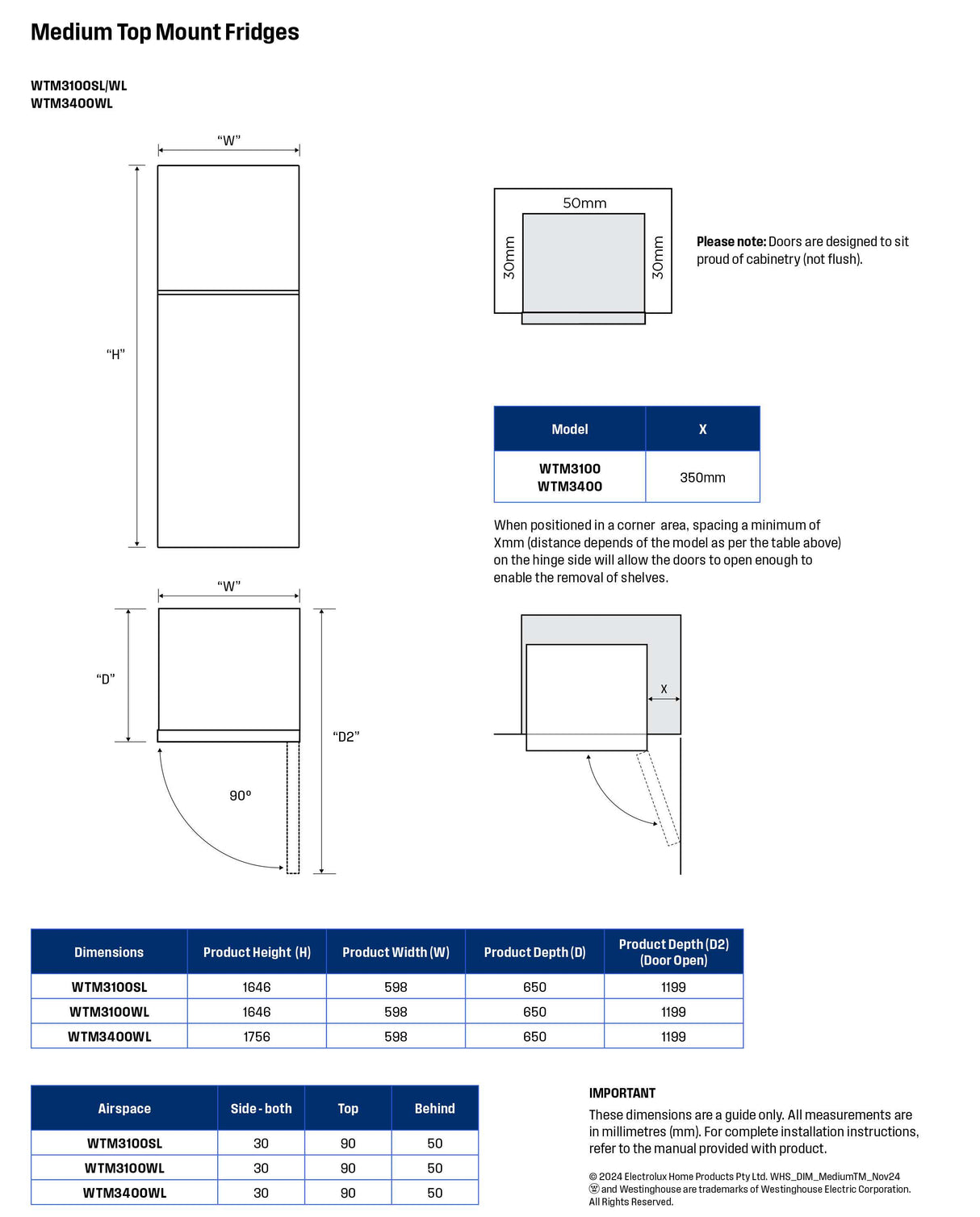 Westinghouse 312L Top Mount Refrigerator WTM3100WL-X | Greater Sydney Only