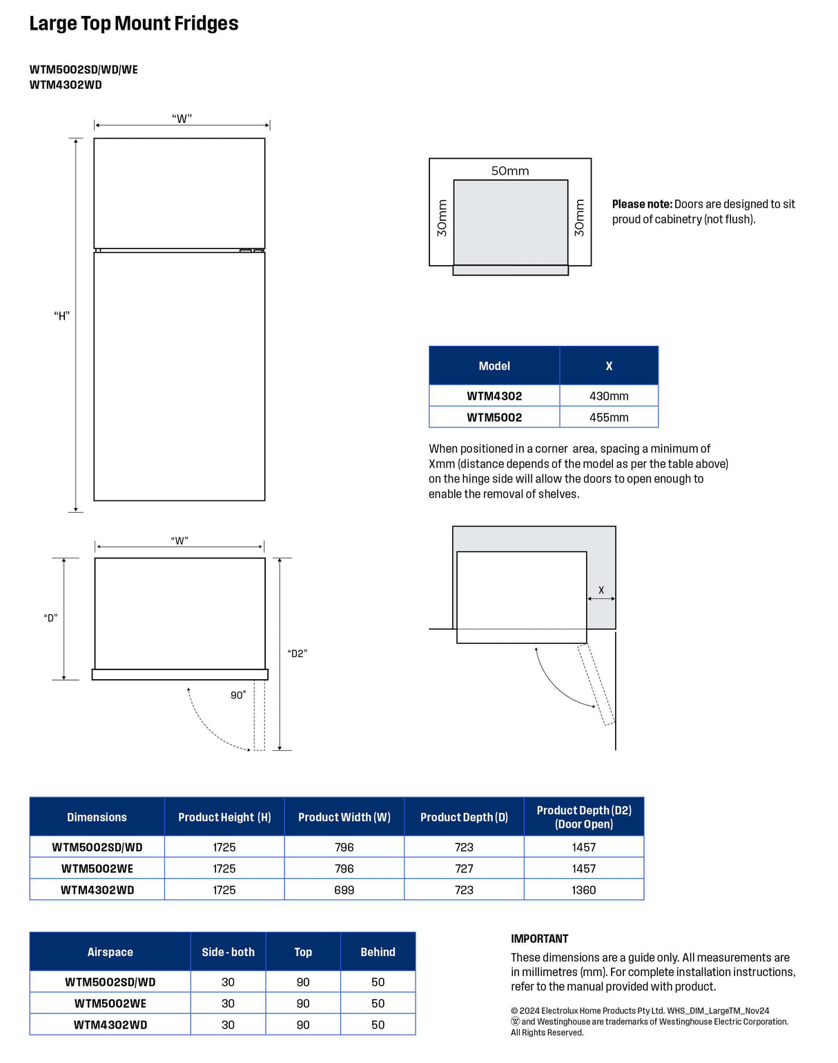 Westinghouse 431L Top Mount Refrigerator WTM4302WD-L | Greater Sydney Only