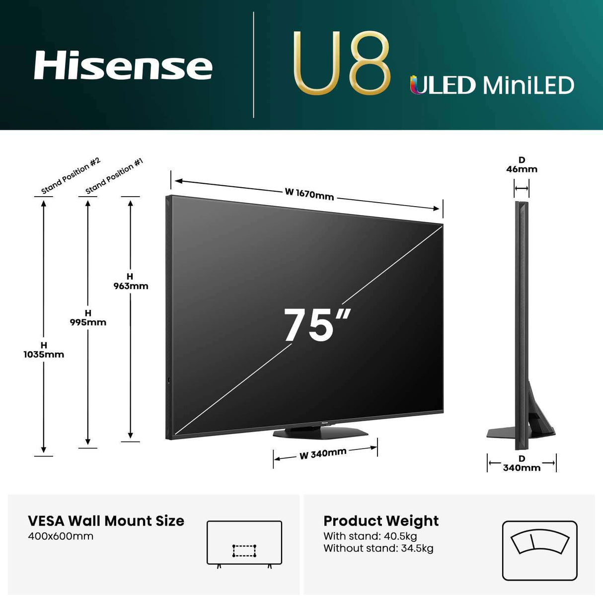 Hisense 75" U8QAU Series Mini-LED ULED 4K Smart TV 75U8QAU
