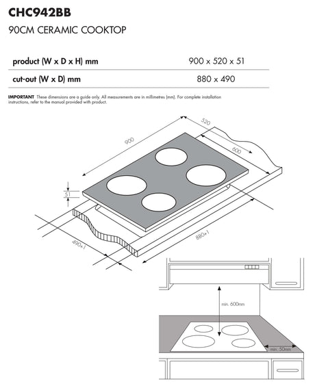 Chef 90cm 4 Zone Black Ceramic Glass Electric Cooktop CHC942BB