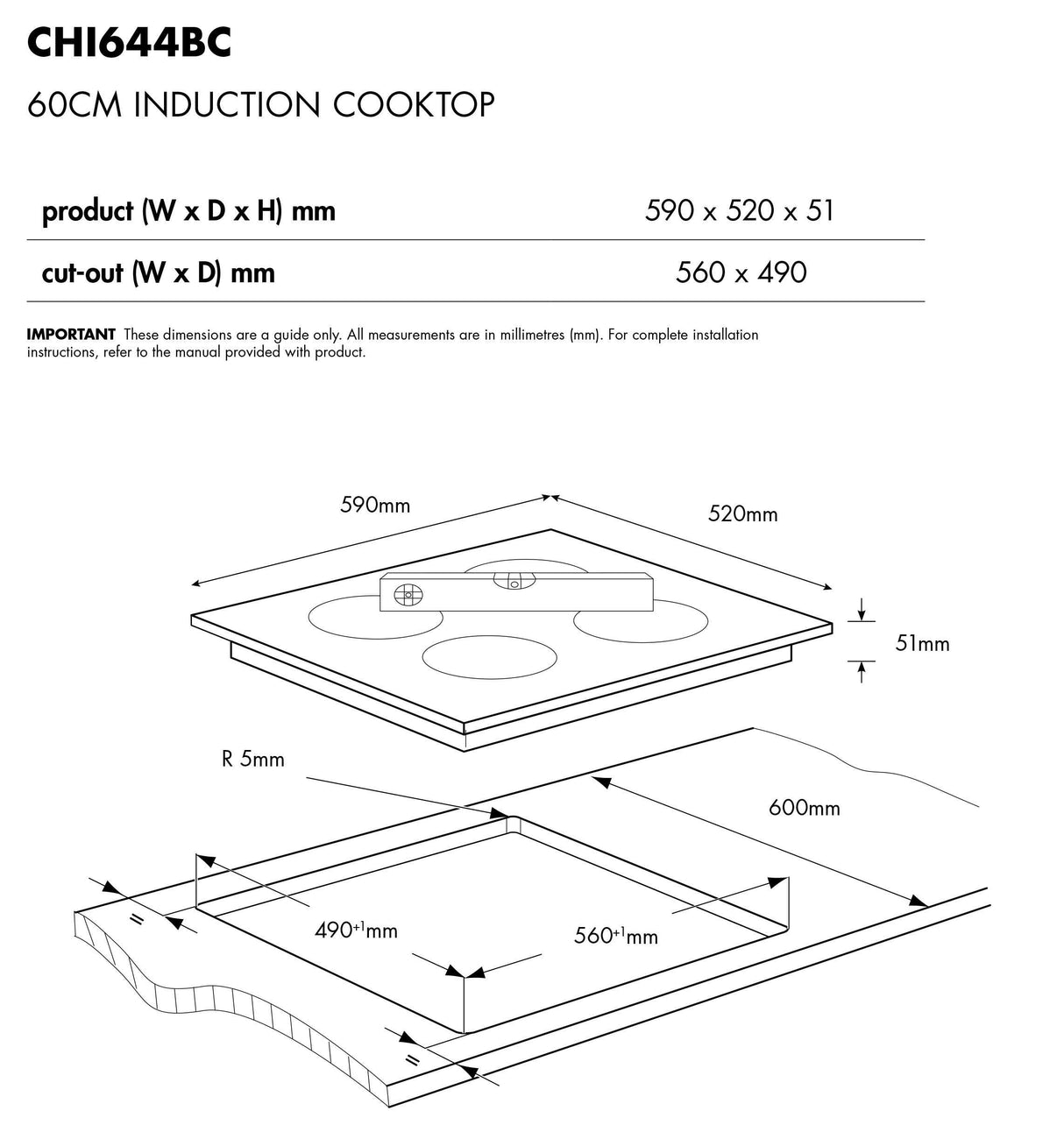 Chef 60cm 4 Zone Black Induction Cooktop CHI644BC