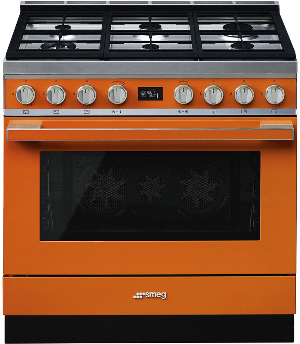 Smeg 90cm Portofino Freestanding Dual Fuel Oven/Stove Burnt Orange CPF9GPORA