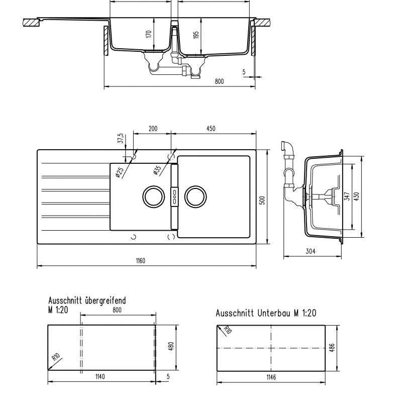 Abey Schock Polaris 1 & 3/4 Double Bowl Inset Granite Sink D200W