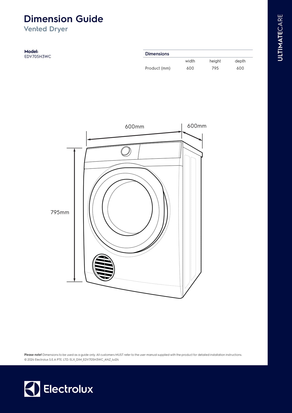Electrolux 7kg Vented Dryer With SensorDry EDV705H3WC | Greater Sydney Only