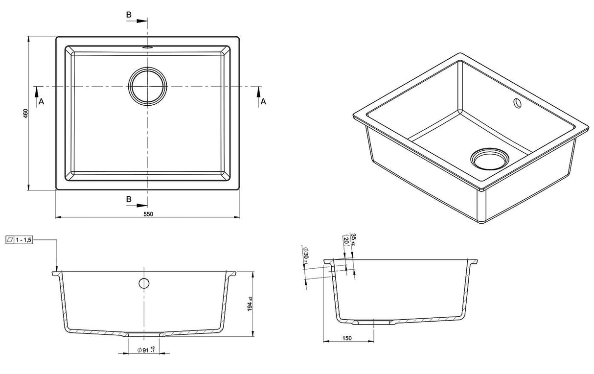 Modern National Como Single Bowl Black Granite Inset/Undermount Sink M-GS402B