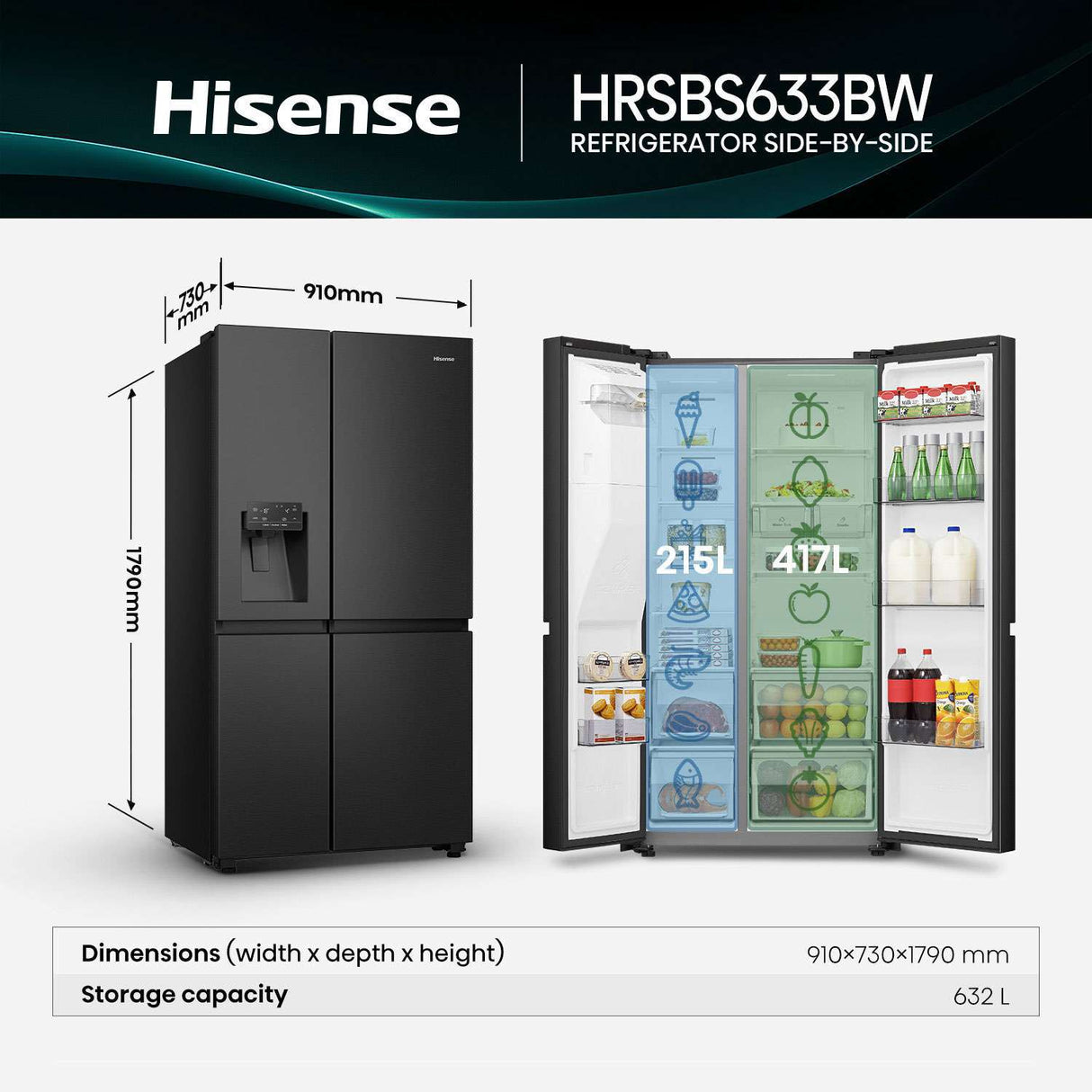 Hisense 632L Side by Side Refrigerator HRSBS633BW | Greater Sydney Only