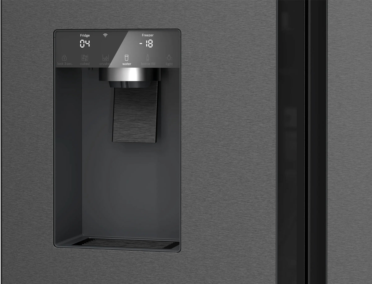 Bosch Series 6 574L French Door Fridge with Non-Plumbed Ice and Water Brushed Black Steel KFI96AXEAA