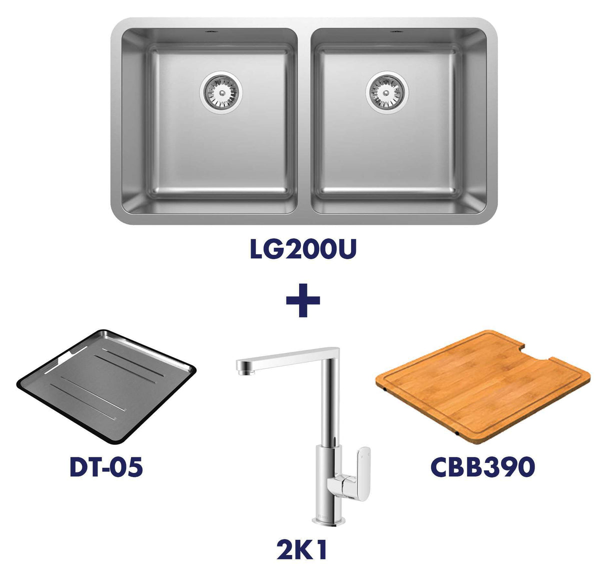 Abey Lago LG200U Double Bowl Undermount Sink & 2K1 Tap Pack LG200UT5