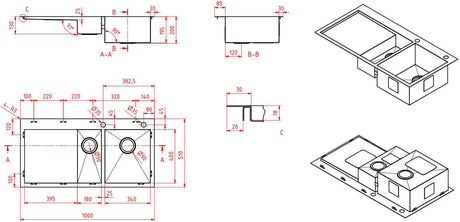 Modern National 1 & 1/4 Double Bowl Inset/Undermount Sink M-S208A