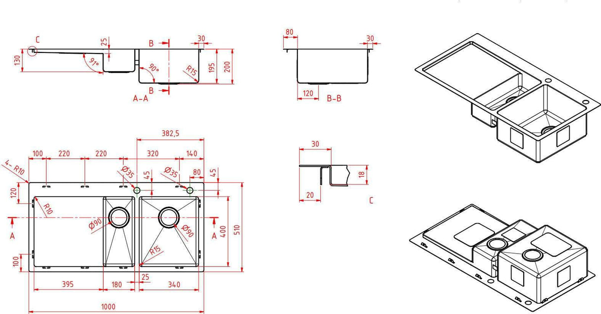 Modern National 1 & 1/4 Double Bowl Inset/Undermount Sink M-S208B