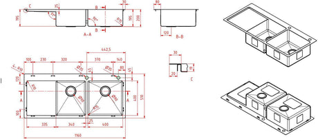 Modern National 1 & 3/4 Double Bowl Inset/Undermount Sink M-S210B