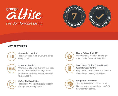 Omega Altise 25MJ Convection Heater Graphite OAGCH25NGG *NATURAL GAS*