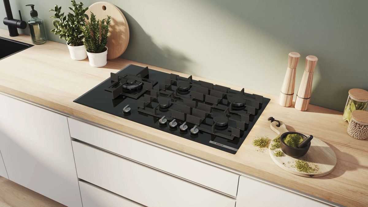 Bosch 90cm Series 6 Gas Cooktop Tempered Glass Black PPM9A6I40A
