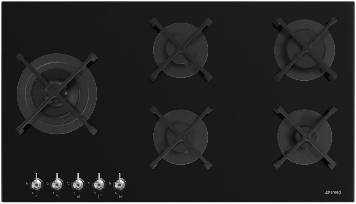 Smeg 90cm Classic Black Tempered Glass Gas Cooktop PV395LNAU