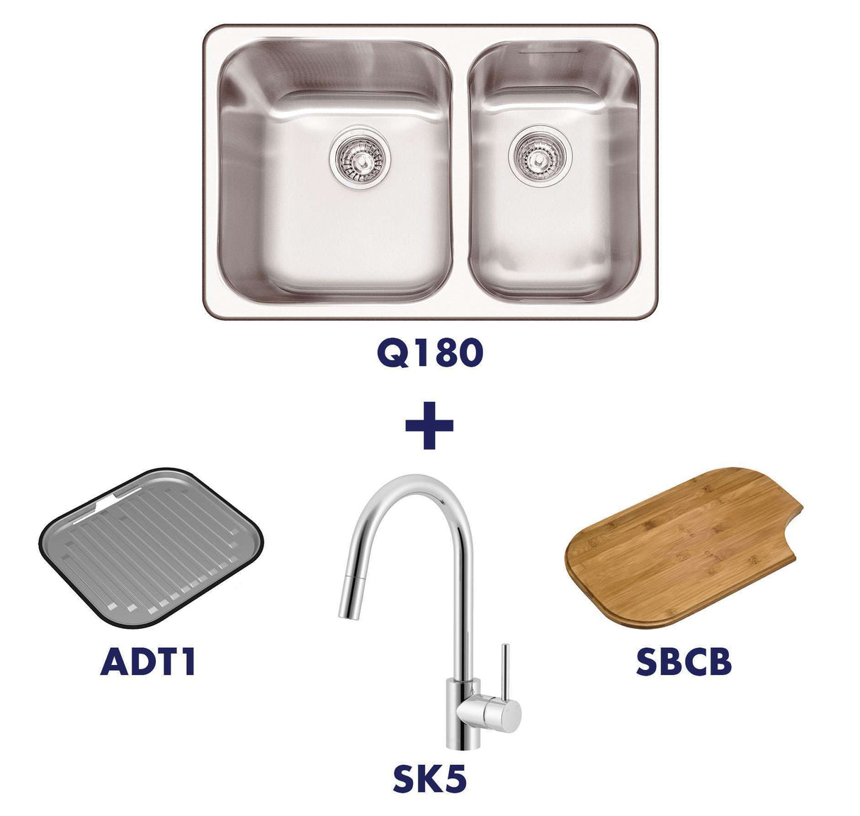 Abey Brisbane 1 & 3/4 Q180 Double Bowl Inset Sink & SK5-AV Tap Pack Q180T2