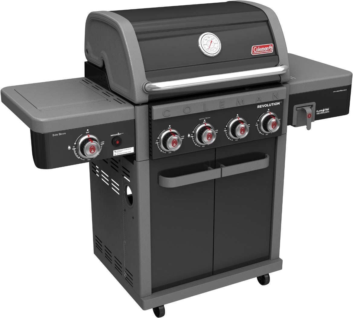 Coleman Revolution 4 Burner Freestanding LPG BBQ+Side Burner Black Gloss REV4BGL