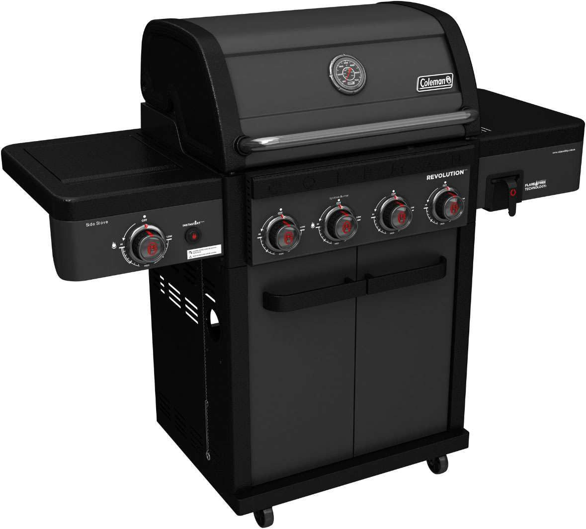 Coleman Revolution 4 Burner Freestanding LPG BBQ+Side Burner Black Matte REV4BMA