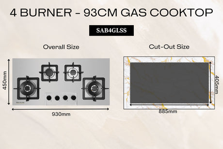 Goldline 90cm 4 Burners Gas Cooktop Stainless Steel Narrow SAB4GLSS