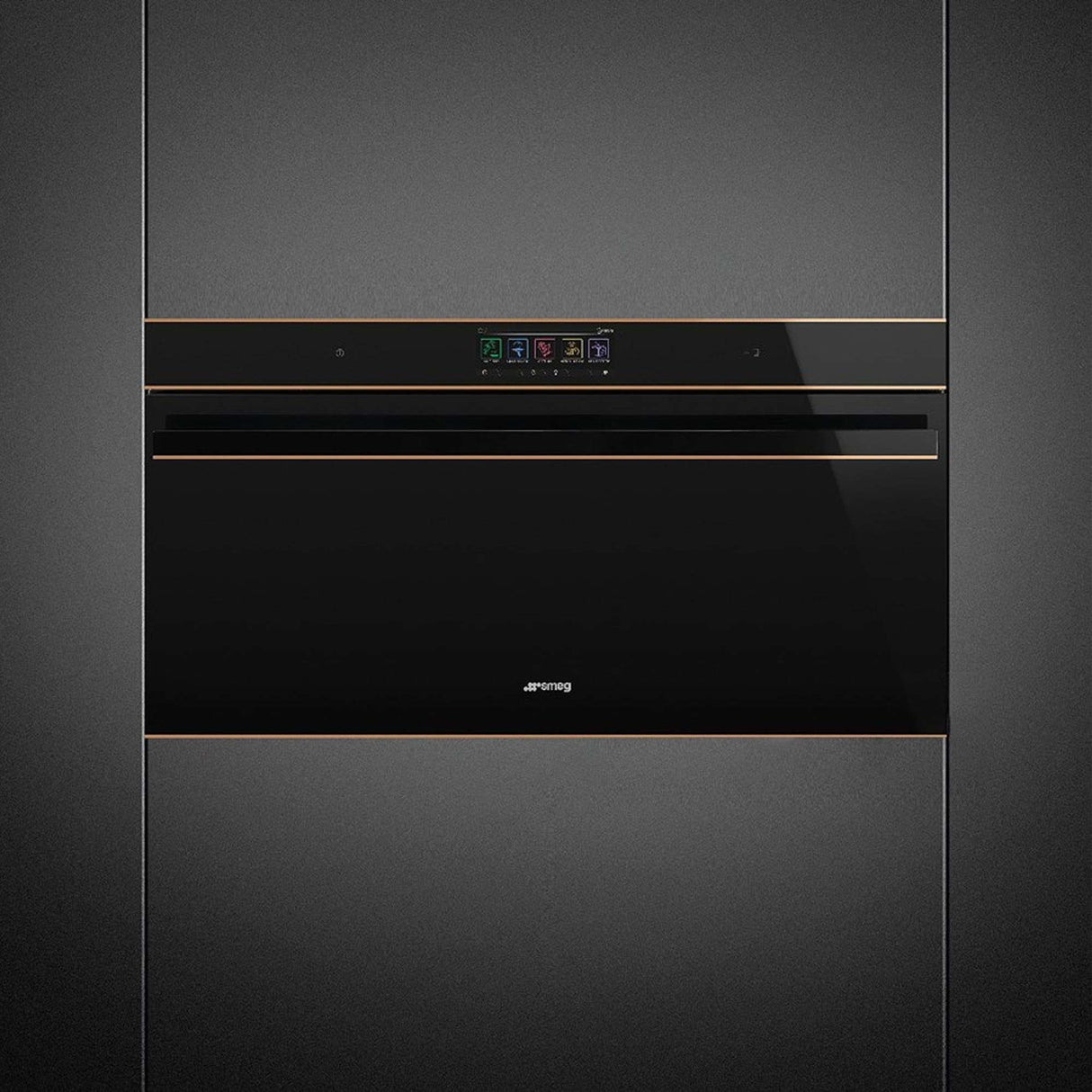 Smeg 90cm Dolce Stil Novo Copper Trim Pyrolytic Wall Oven Black SFPR9606WTPNR
