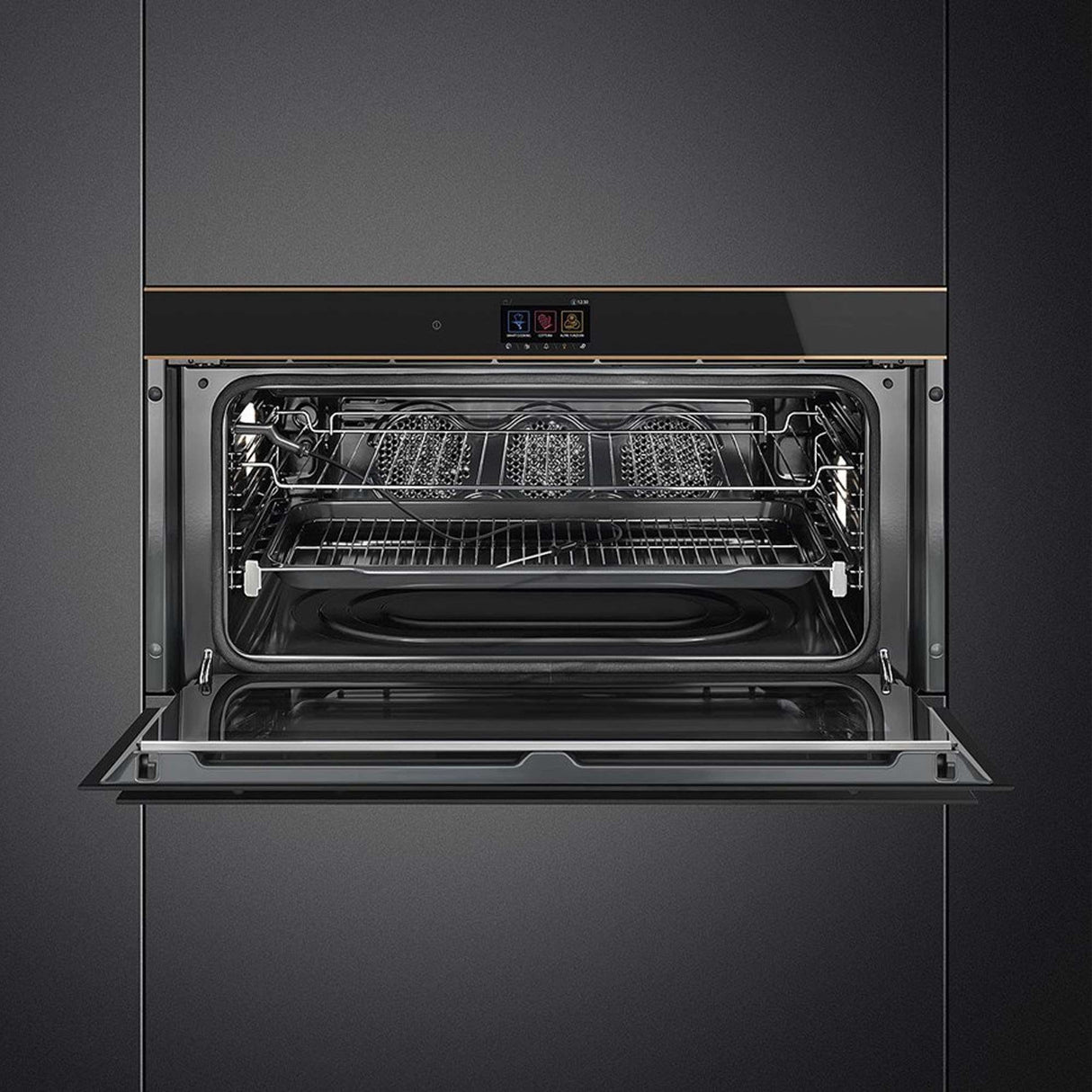 Smeg 90cm Dolce Stil Novo Copper Trim Pyrolytic Wall Oven Black SFPR9606WTPNR