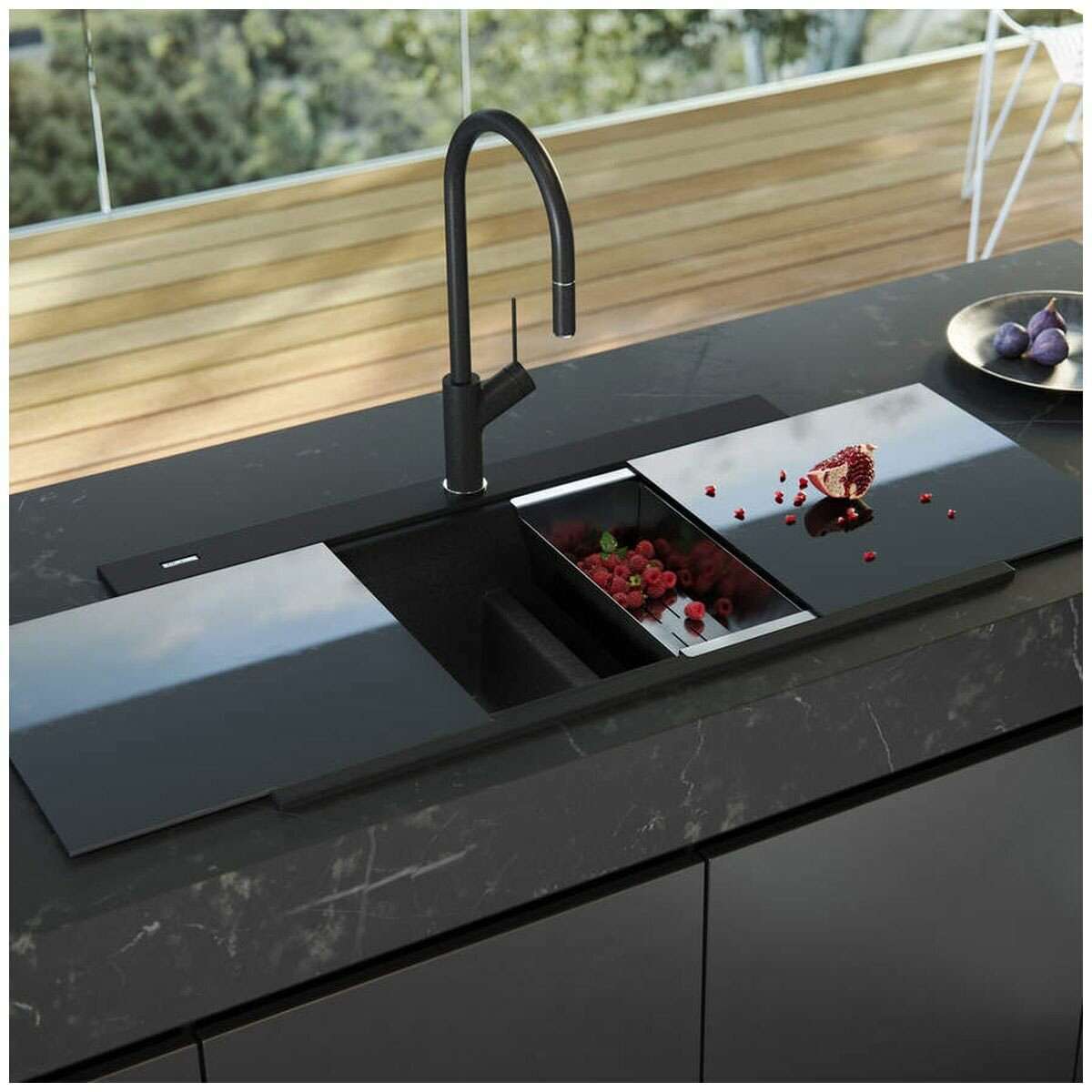 Oliveri Santorini Double Bowl Inset Sink Black With Glass Top ST-BL1566GT