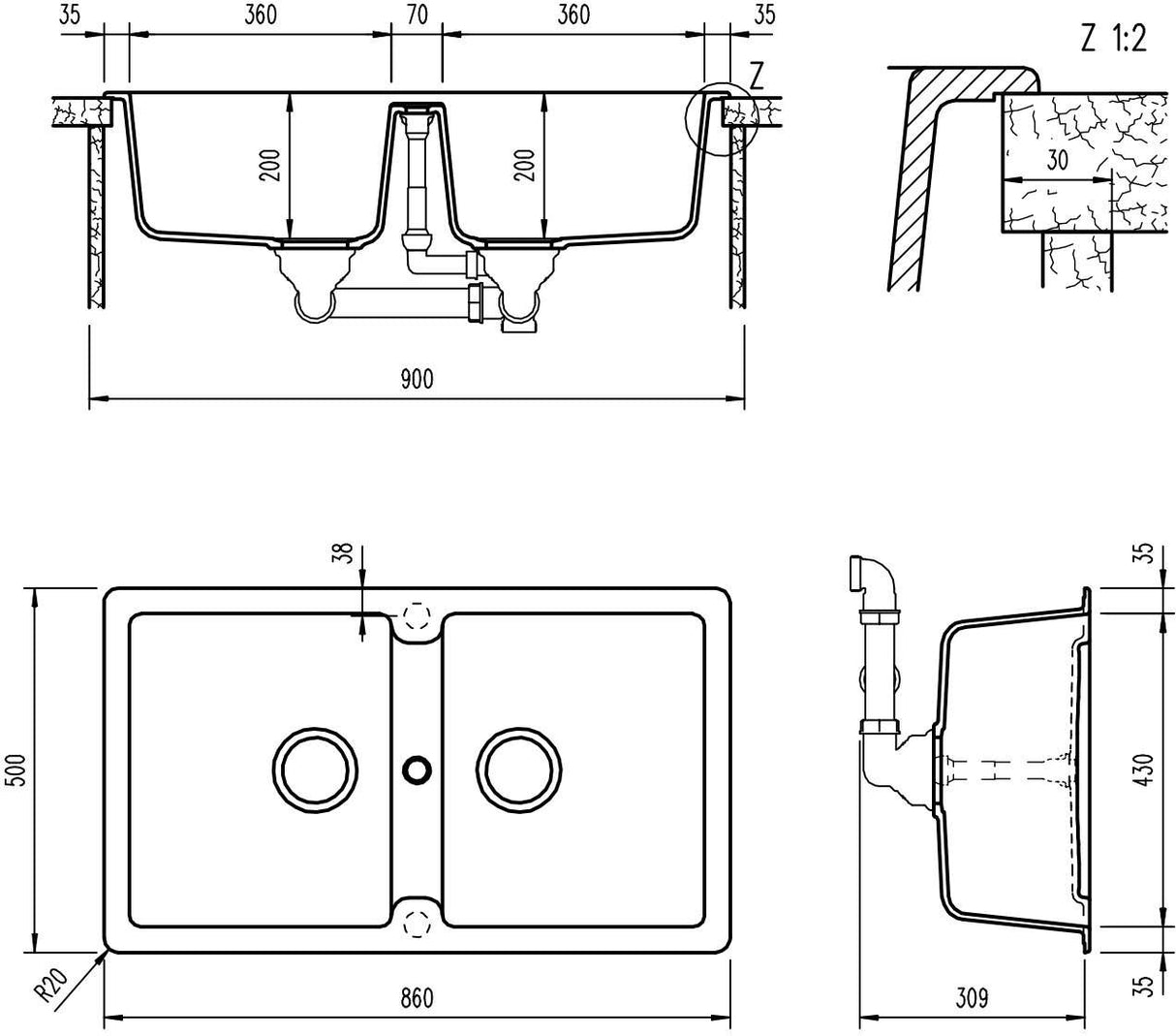 Abey Schock Typos Concrete N200 Double Bowl Inset Granite Sink TN200C